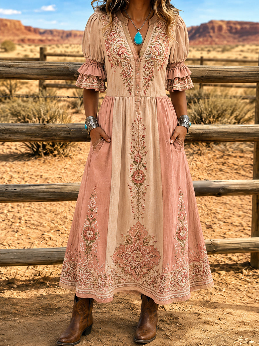 Women's Retro Art Print Washed Cotton Lace Patchwork Midi Dress